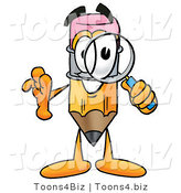 Illustration of a Cartoon Pencil Mascot Looking Through a Magnifying Glass by Toons4Biz