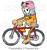 Illustration of a Cartoon Pencil Mascot Riding a Bicycle by Mascot Junction