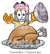Illustration of a Cartoon Pencil Mascot Serving a Thanksgiving Turkey on a Platter by Mascot Junction