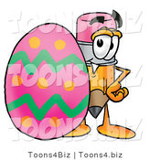 Illustration of a Cartoon Pencil Mascot Standing Beside an Easter Egg by Mascot Junction