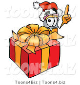 Illustration of a Cartoon Pencil Mascot Standing by a Christmas Present by Toons4Biz