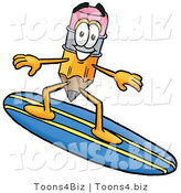 Illustration of a Cartoon Pencil Mascot Surfing on a Blue and Yellow Surfboard by Mascot Junction
