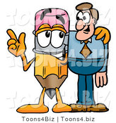Illustration of a Cartoon Pencil Mascot Talking to a Business Man by Mascot Junction