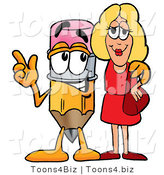 Illustration of a Cartoon Pencil Mascot Talking to a Pretty Blond Woman by Mascot Junction