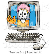 Illustration of a Cartoon Pencil Mascot Waving from Inside a Computer Screen by Mascot Junction