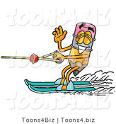 Illustration of a Cartoon Pencil Mascot Waving While Water Skiing by Mascot Junction