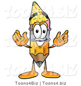 Illustration of a Cartoon Pencil Mascot Wearing a Birthday Party Hat by Mascot Junction