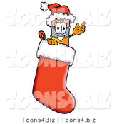 Illustration of a Cartoon Pencil Mascot Wearing a Santa Hat Inside a Red Christmas Stocking by Mascot Junction
