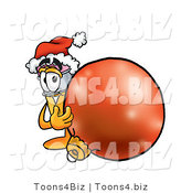 Illustration of a Cartoon Pencil Mascot Wearing a Santa Hat, Standing with a Christmas Bauble by Mascot Junction