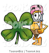 Illustration of a Cartoon Pencil Mascot with a Green Four Leaf Clover on St Paddy's or St Patricks Day by Mascot Junction