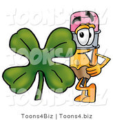 Illustration of a Cartoon Pencil Mascot with a Green Four Leaf Clover on St Paddy's or St Patricks Day by Toons4Biz