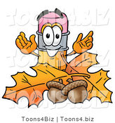 Illustration of a Cartoon Pencil Mascot with Autumn Leaves and Acorns in the Fall by Mascot Junction