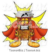 Illustration of a Cartoon Pill Bottle Mascot Dressed As a Super Hero by Toons4Biz