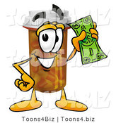 Illustration of a Cartoon Pill Bottle Mascot Holding a Dollar Bill by Mascot Junction