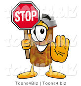 Illustration of a Cartoon Pill Bottle Mascot Holding a Stop Sign by Mascot Junction