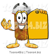Illustration of a Cartoon Pill Bottle Mascot Holding a Yellow Sales Price Tag by Mascot Junction