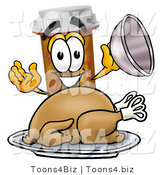 Illustration of a Cartoon Pill Bottle Mascot Serving a Thanksgiving Turkey on a Platter by Mascot Junction