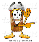 Illustration of a Cartoon Pill Bottle Mascot Waving and Pointing by Toons4Biz