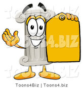 Illustration of a Cartoon Pillar Mascot Holding a Yellow Sales Price Tag by Mascot Junction