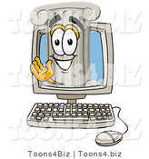 Illustration of a Cartoon Pillar Mascot Waving from Inside a Computer Screen by Mascot Junction