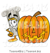 Illustration of a Cartoon Pillar Mascot with a Carved Halloween Pumpkin by Mascot Junction