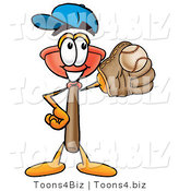 Illustration of a Cartoon Plunger Mascot Catching a Baseball with a Glove by Mascot Junction