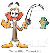 Illustration of a Cartoon Plunger Mascot Holding a Fish on a Fishing Pole by Mascot Junction