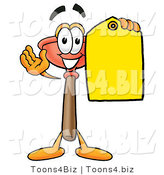 Illustration of a Cartoon Plunger Mascot Holding a Yellow Sales Price Tag by Mascot Junction