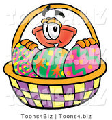 Illustration of a Cartoon Plunger Mascot in an Easter Basket Full of Decorated Easter Eggs by Mascot Junction