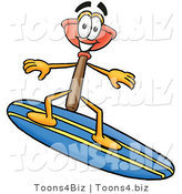 Illustration of a Cartoon Plunger Mascot Surfing on a Blue and Yellow Surfboard by Mascot Junction