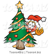 Illustration of a Cartoon Plunger Mascot Waving and Standing by a Decorated Christmas Tree by Toons4Biz