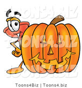 Illustration of a Cartoon Plunger Mascot with a Carved Halloween Pumpkin by Mascot Junction