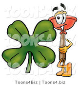 Illustration of a Cartoon Plunger Mascot with a Green Four Leaf Clover on St Paddy's or St Patricks Day by Mascot Junction