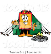 Illustration of a Cartoon Price Tag Mascot Camping with a Tent and Fire by Mascot Junction