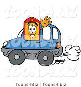 Illustration of a Cartoon Price Tag Mascot Driving a Blue Car and Waving by Mascot Junction