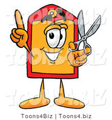 Illustration of a Cartoon Price Tag Mascot Holding a Pair of Scissors by Toons4Biz