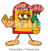 Illustration of a Cartoon Price Tag Mascot Holding a Red Rose on Valentines Day by Mascot Junction