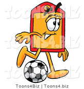 Illustration of a Cartoon Price Tag Mascot Kicking a Soccer Ball by Mascot Junction