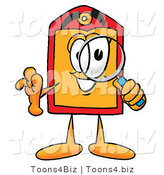 Illustration of a Cartoon Price Tag Mascot Looking Through a Magnifying Glass by Mascot Junction