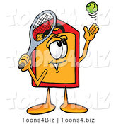 Illustration of a Cartoon Price Tag Mascot Preparing to Hit a Tennis Ball by Toons4Biz
