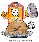 Illustration of a Cartoon Price Tag Mascot Serving a Thanksgiving Turkey on a Platter by Toons4Biz