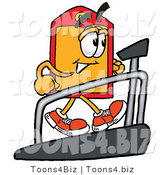 Illustration of a Cartoon Price Tag Mascot Walking on a Treadmill in a Fitness Gym by Mascot Junction