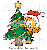 Illustration of a Cartoon Price Tag Mascot Waving and Standing by a Decorated Christmas Tree by Mascot Junction