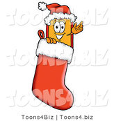 Illustration of a Cartoon Price Tag Mascot Wearing a Santa Hat Inside a Red Christmas Stocking by Mascot Junction