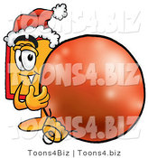 Illustration of a Cartoon Price Tag Mascot Wearing a Santa Hat, Standing with a Christmas Bauble by Mascot Junction