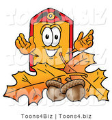 Illustration of a Cartoon Price Tag Mascot with Autumn Leaves and Acorns in the Fall by Mascot Junction