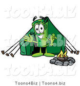 Illustration of a Cartoon Rolled Money Mascot Camping with a Tent and Fire by Mascot Junction