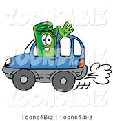 Illustration of a Cartoon Rolled Money Mascot Driving a Blue Car and Waving by Toons4Biz