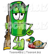 Illustration of a Cartoon Rolled Money Mascot Duck Hunting, Standing with a Rifle and Duck by Mascot Junction