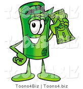Illustration of a Cartoon Rolled Money Mascot Holding a Dollar Bill by Mascot Junction